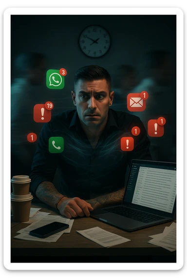 A highly realistic, cinematic portrait of a young man in his early 30s with a tired, tense expression, sitting at his modern office desk surrounded by multiple smartphones with glowing notification bubbles (WhatsApp, emails, alerts) hovering around him like aggressive neon icons. His posture is hunched, shoulders raised, eyes slightly wide, and jaw clenched, representing constant hyper-vigilance and stress. The environment is a cold, cluttered workspace with a laptop displaying endless emails and Slack notifications, coffee cups stacked nearby, and a clock showing late hours, symbolizing the relentless pace of modern work life. Behind him, ghostly blurred figures rush by in a fast-motion effect, representing the constant rush and societal pressure. A faint, tight grey aura wraps around his chest and head, symbolizing blocked breathing and mental tension, while faint blue light tries to push through, representing the body’s desire to find calm. The lighting is harsh and cool, with a 35mm hyperrealistic film style, shallow depth of field focusing on the man’s stressed face and the floating notifications, illustrating the modern trap of always being on alert. sticker