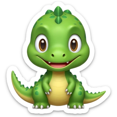 Cute green dinosaur emoji with round body, big eyes, small arms, soft shadows, smooth outlines, glossy finish, friendly smile, simple flat design, high-detail yet minimal style, perfect for emoji set, transparent background sticker