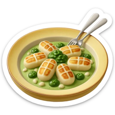 Gnocchi Cinematic Realistic Gnocchi Dish Emoji, depicted as tender oblong potato gnocchi garnished with iconic fork marks on top, rendered with soft textures and warm, inviting lighting. add green  sauce on top sticker