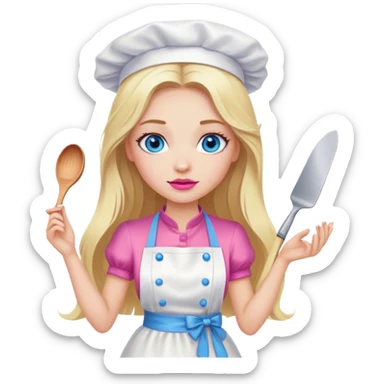 Cinematic realistic beautiful blonde with long hair, blue eyes and pink lips in a white dress cooks sticker