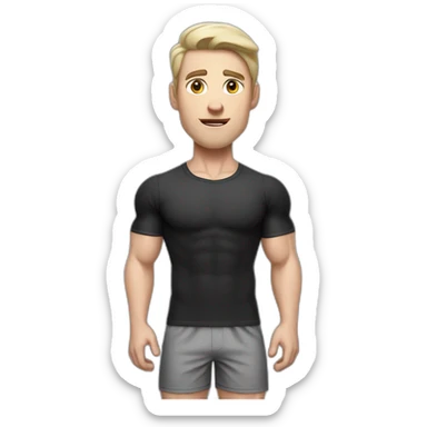 Confused Pale skinned Fit Man With the biceps and dark brown hair in black shirt, gray sports shorts and white Sneakers sticker