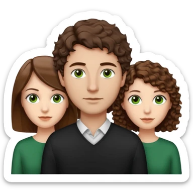 Man in the middle with brown straight hair and green eyes, women next to him with short brown hair with slight waves, tall women on right side with shoulder length curly hair and brown eyes sticker