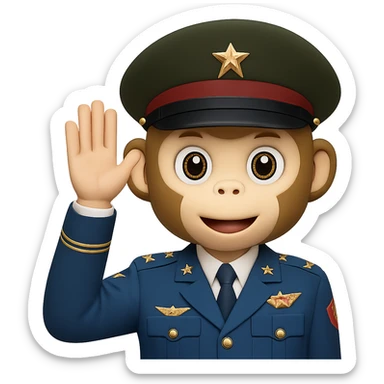 Add a classic military hat to the playful monkey face doing a military salute in emoji style with transparent background. sticker