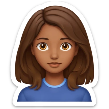 A girl with brown eyes and brown slightly wavy shoulder length hair and a center part sticker
