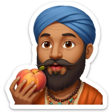 Indian man with a long beard licking a peach sticker