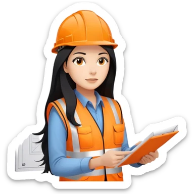 Female civil engineer with long black hair wearing white helmet and an orange safety vest staring at big drawing plan on her hands  sticker