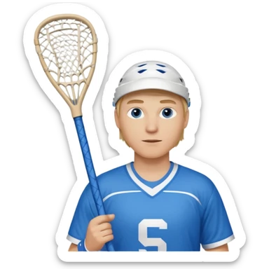 Blonde white with blue eyes lacrosse guy holding one lacrosse stick wearing blue and white gear  sticker