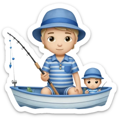 Little boy on a little boat fishing, felt texture, scrapbooking, precious moments style character sticker