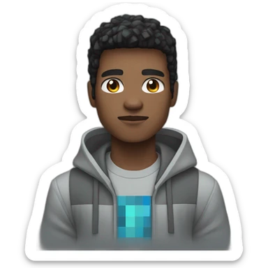 young black hair man with gray-blue eyes dressed in a gray minecraft hoodie sticker