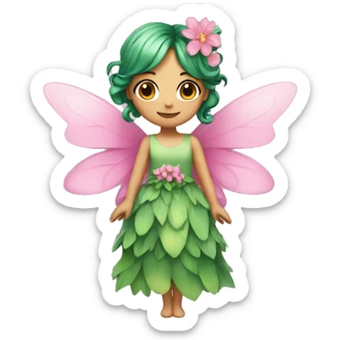 A fairy, green hair, wings, pink dress with flowers  sticker