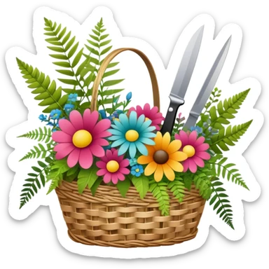 Icon for Floristry: a woven basket with flowers, reeds, ferns, bright ribbons and a small plush toy. Add scissors and knife. The icon should represent creativity in flower arrangement and decorative design. Transparent background. sticker