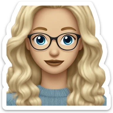 Realistic blonde balayage long hair white women beige sweater blue eyes and small glasses holding phone  sticker