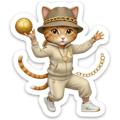 female cat dressed like Run DMC in tracksuit, fedora, Adidas shoes, lots of gold chains, rings, bracelets, earrings, catching a ball high in the air, no sunglasses sticker