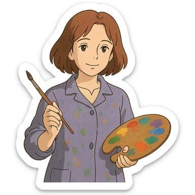 Serene female oil painter, Caucasian features, shoulder-length auburn hair, soft brown eyes, gentle smile, wearing a violet painter’s smock lightly stained with paint over a beige blouse, holding a wooden palette with vibrant colors in one hand and a brush in the other, waist-up, front-facing sticker
