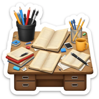 Messy Desk with books and pens sticker