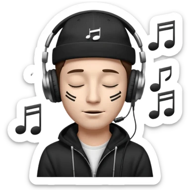 dj man white with baseball cap - rayban glasses - brown hair - closed eyes with headphones on with musical note over head (listening to music ) - eyes closed no glasses - black hat  musical notes floating around head - NO GLASSES sticker
