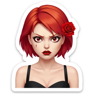 a beautiful very angry woman with red hair and red eyes. The woman wear a black little cutted dress. She have red lipstick and she have a seductive look. She have a rose flower in her hair. Angry face sticker