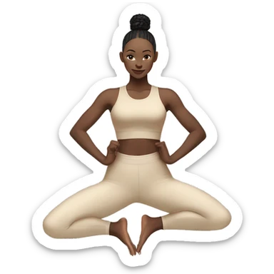 Pale skinned fit women in a beige tight yoga suit and wristbands with black hair in a bun doing yoga sticker