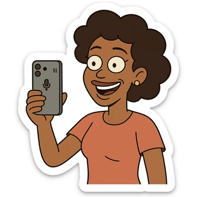 Afro-Caribbean female smiling, holding iPhone, recording sticker