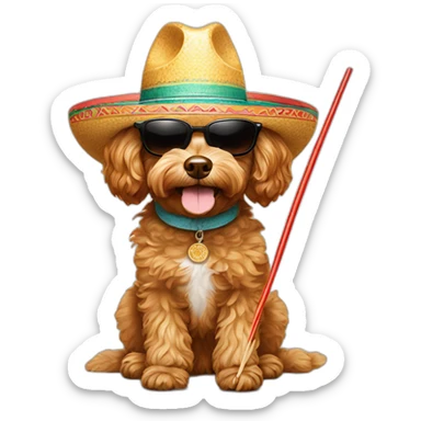 cavapoo wearing sunglasses and sombrero holding chopsticks sticker