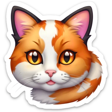 Cinematic Cute Calico Cat Portrait Emoji, Head tilted playfully with sparkling, inquisitive eyes and a charming patchwork fur of orange, black, and white, simplified yet irresistibly adorable, highly detailed, glowing with a warm, inviting glow, high shine, bubbly and affectionate, styled with a touch of whimsical feline charm, soft glowing outline, capturing the essence of a delightfully cute calico cat that looks as if it could prance off the screen into your heart! sticker