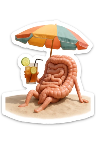 INTESTINO SEDUTO IN SPIAGGIA SOTTO L'OMBRELLONE MENTRE BEVE THè FREDDO CON CETRIOLO
IPERREALISTICO 4K sticker