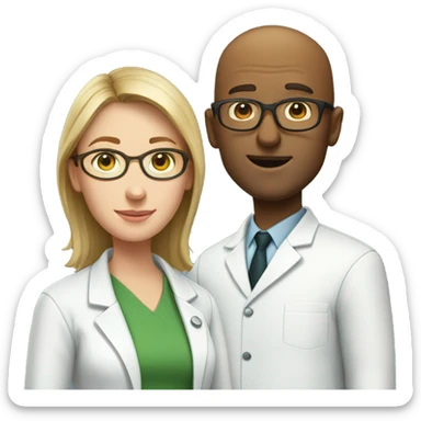 Two scientists standing together: one is a Caucasian bald man in lab coat , the other is a Caucasian woman in lab coat  with short brown hair and green glasses sticker