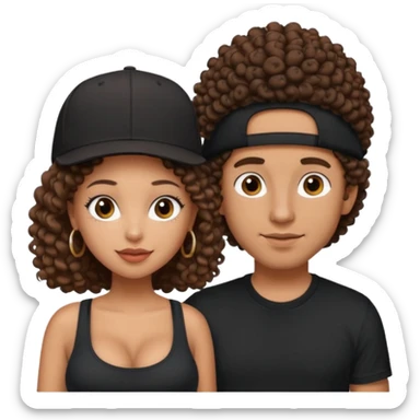 A picture of a loving tanned couple. the guy is Mexican, with a bald hair cut and he has a SnapBack hat on. The girl is mixed, the girl is wearing a black shirt, the girl has brown curly big hair and the girl has big boobs  sticker