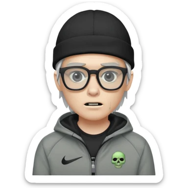 Hazme un zombie con gafas cuadradas y el marco negro y un gorro negro y un saco Nike tech gris sticker