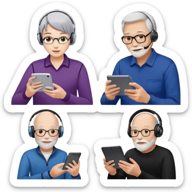 Please make it again in the style you just sent me. All devices should be Galaxy.
1. MZ users using headsets and watching youtube
2. A person holding a tablet in one hand and a smartphone in the other
3. Senior who enjoys looking at his cell phone
4. Creators working hard with Galaxy Tab + keyboard  sticker