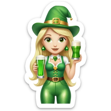 Blonde haired pretty woman in glittery green bell bottoms and tall leprechaun hat holding a green beer sticker