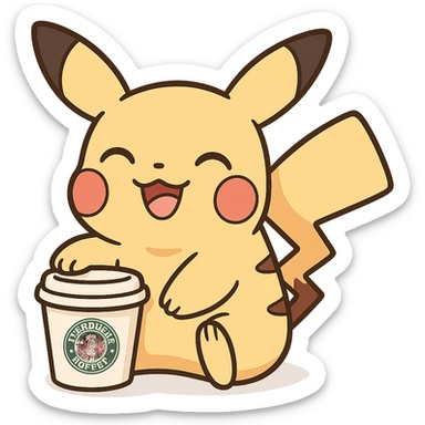 cute style Pikachu next to a miniature Starbucks cup, happy expression sticker