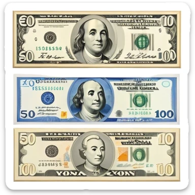 Icon for Banknote Collecting: old and new banknotes from different countries such as Euro, Dollar, Yen, Krona, Yuan, and others, displayed in frames on a wall. The icon should evoke the diversity and richness of currency collection. Transparent background. sticker