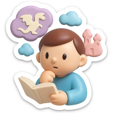 beginner author, thoughtful, imagining various fantasy worlds sticker