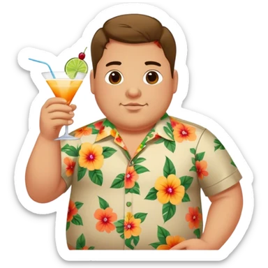 chubby guy in a flowered shirt holding a cocktail sticker