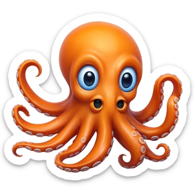 Cinematic Realistic Comical Octopus Portrait Emoji, Head tilted dramatically with an exaggeratedly amused expression, featuring a striking, glossy orange body adorned with bold blue rings and wide, expressive eyes brimming with playful disbelief; rendered with vivid natural textures and dynamic highlights, high shine, dramatic yet playful, styled with an air of cheeky ocean mischief, soft glowing outline, capturing the essence of a spirited and over‐the‐top octopus that looks ready to squirt ink its way into viral fame! sticker