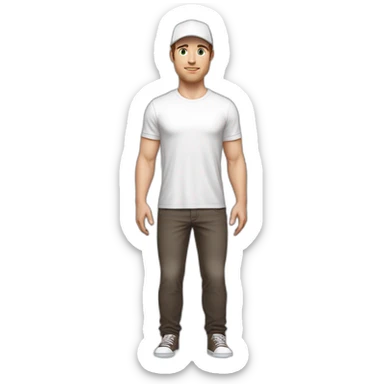 Pale skinned fit Man with dark brown hair in a light gray cap, dark brown jeans, brown polo and white T-shirt keeping a pasted with tape white box into his hands sticker