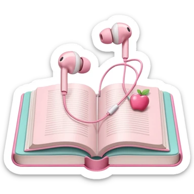 pink Pink Apple-style earbuds lying on an open book, soft pastel tones, cozy and minimal aesthetic, realistic lighting and shadows, top-down view, transparent background" sticker