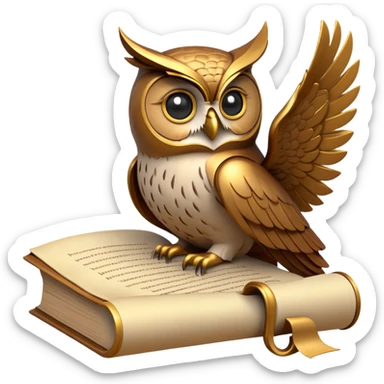 An icon featuring an ancient scroll, a thinker’s bust, and a question mark, symbolizing philosophy. The design includes a wise owl, a book, and abstract symbols, representing deep thought, ethics, and wisdom. Transparent background sticker