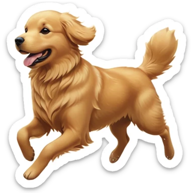 A Golden Retriever running on a beach at sunset, fur blowing in the wind, joyful expression. Motion capture, golden hour lighting, realistic water reflections. sticker