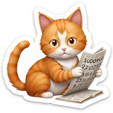 cat solving sudoku puzzles in a newspaper, concentrating on numbers, puzzle-solving cat with newspaper sticker