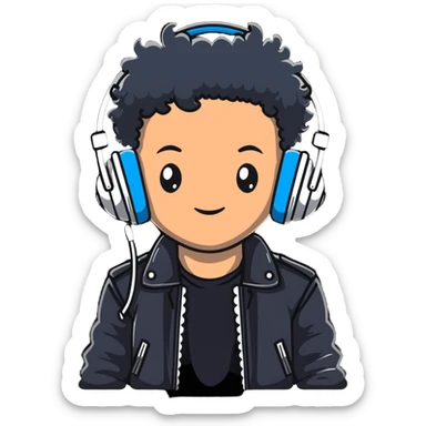 curly haired boy wearing a leather jacket and headphones music producer sticker
