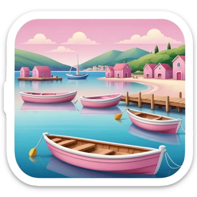 soft and aesthetic coastal harbor with small boats, wooden docks, gentle waves, beach, all in pink tones, no industrial elements, soft shadows, rounded edges, in Apple iOS emoji style sticker