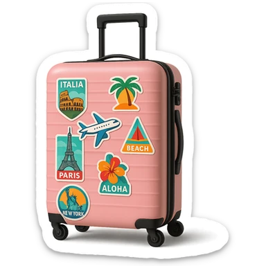pink suitcase with travel stickers, trendy sticker