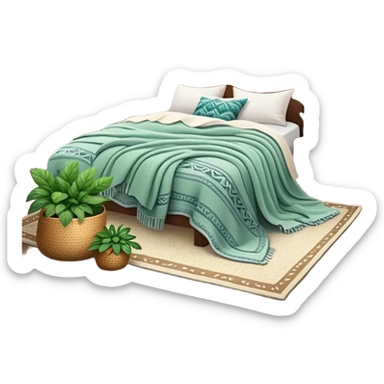 cozy modern boho bedroom with many houseplants, layered rugs, and piles of textured blankets and pillows sticker