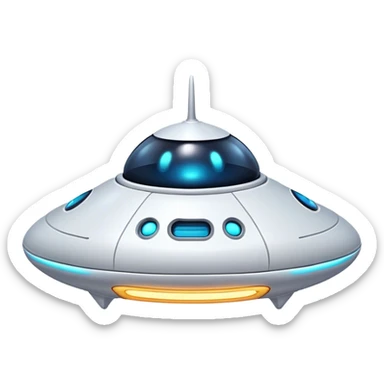 Design a simple, friendly spaceship with a smooth, rounded shape. Add a clear 'face' on the front using glowing lights for eyes and a curved line for a smile, giving it personality. Use a plain background to keep the focus on the ship sticker