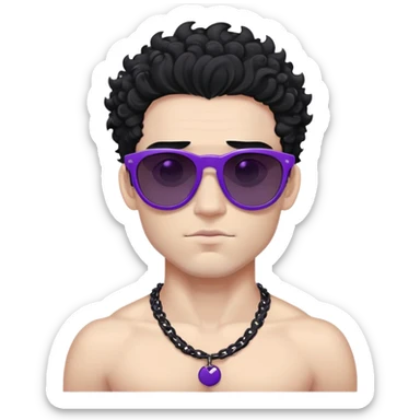 shirtless male athlete with white skin and moderately curly black hair on top with shaved sides, wearing purple sunglasses with very dark heavily tinted black lenses that completely hide the eyes, and a plain black chain necklace sticker