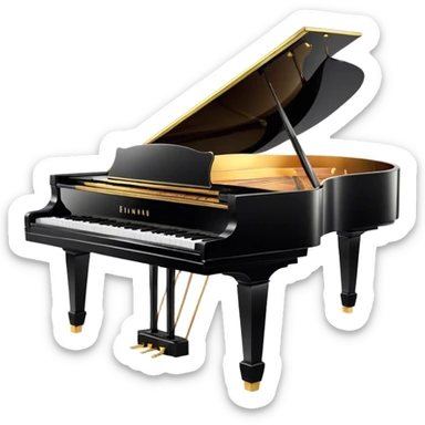 Cinematic Realistic Piano, glossy black grand piano with elegantly curved edges, pristine white and black keys, soft golden light reflecting off its polished surface, faint reflections of a musician’s hands, glowing with refined elegance and musical depth. sticker
