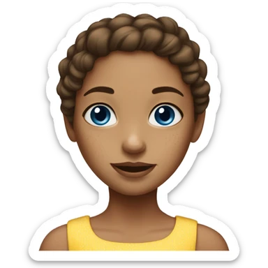 girl with brown hair, 1 white vitiligo strand of hair, blue eyes, freckles and yellow dress sticker