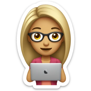 mujer morocha con celular y MacBook sticker